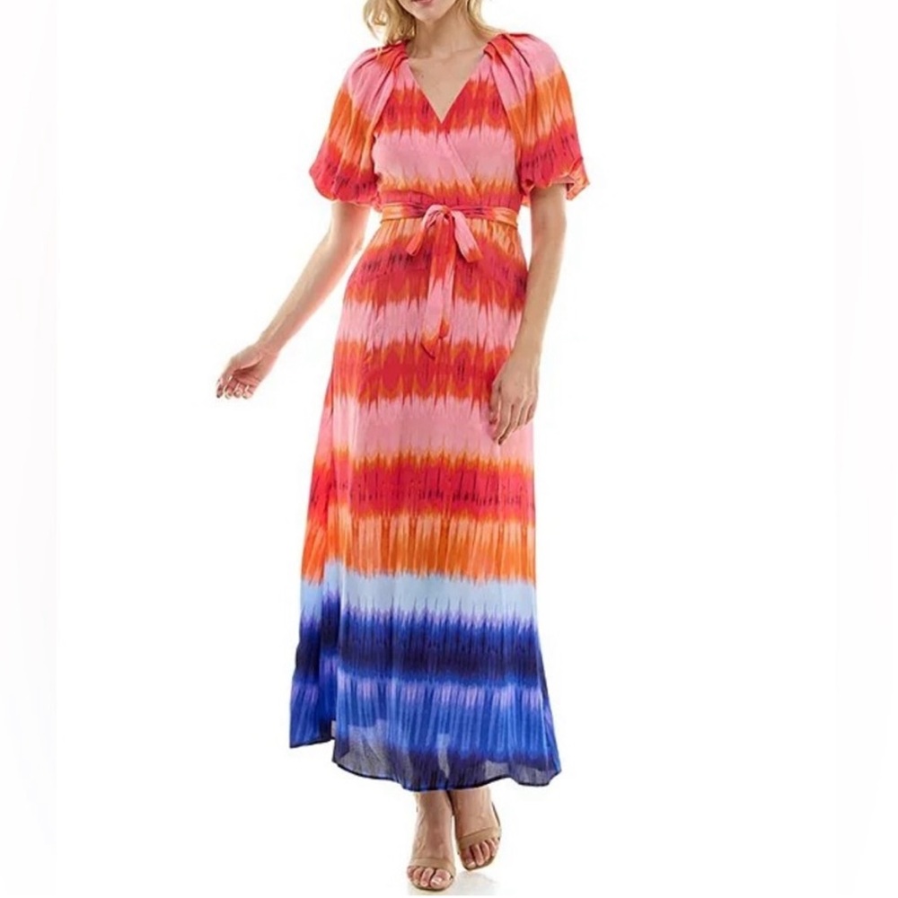 NWT! Women’s Maison Tara Tie Dye Short Puff Sleeve Colorful Maxi Dress Size 12